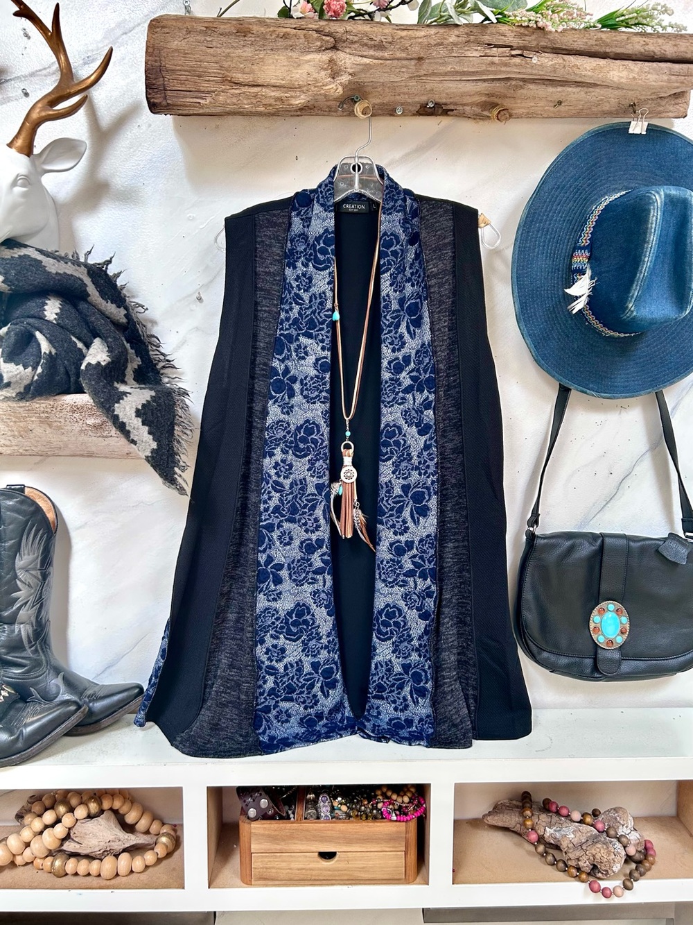 Artisan Patchwork Blue Floral-Trim Sleeveless Vest w cottagecore farmhouse vibe